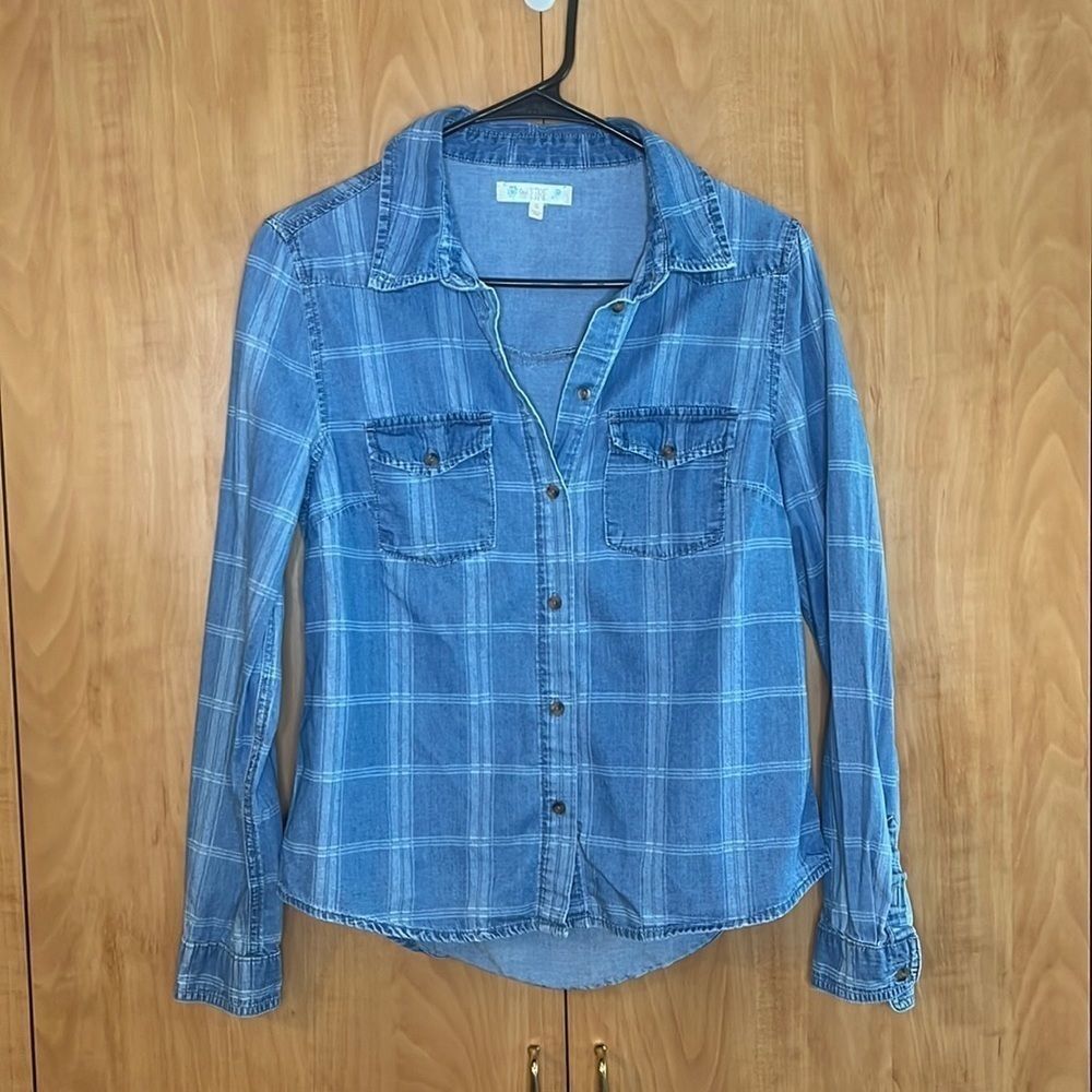 Love Fire Long sleeve button down shirt. Blue Jean plaid print